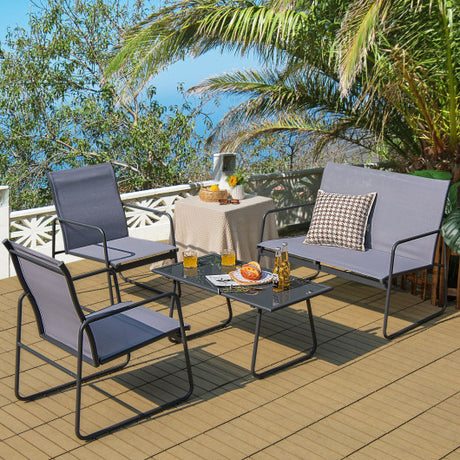 4 Pieces of Metal Patio Furniture Chat Set with Tempered Glass Coffee Table