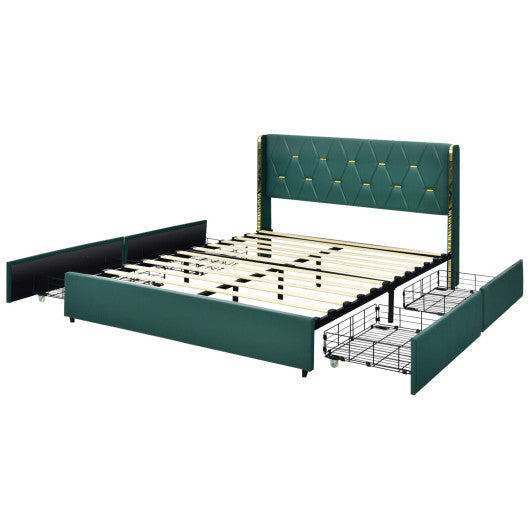 Full/Queen Size Upholstered Bed Frame with 4 Drawers-Green-Queen Size