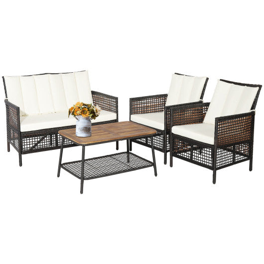 4 Pieces Patio Rattan Furniture Set with 2-Tier Coffee Table-White