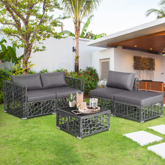 5 Pieces Patio PE Rattan Wicker Sofa Furniture Set-Gray