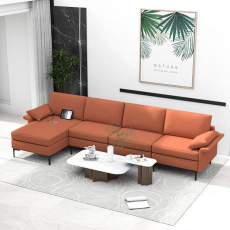 Extra Large L-shaped Sectional Sofa with Reversible Chaise and 2 USB Ports for 4-5 People-Rust Red