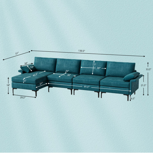 Extra Large L-shaped Sectional Sofa with Reversible Chaise and 2 USB Ports for 4-5 People-Peacock Blue