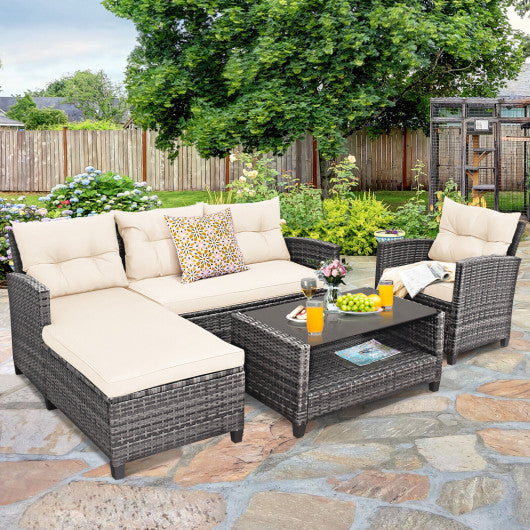 4 Pieces Patio Rattan Furniture Set with Cushion and Table Shelf-Off White