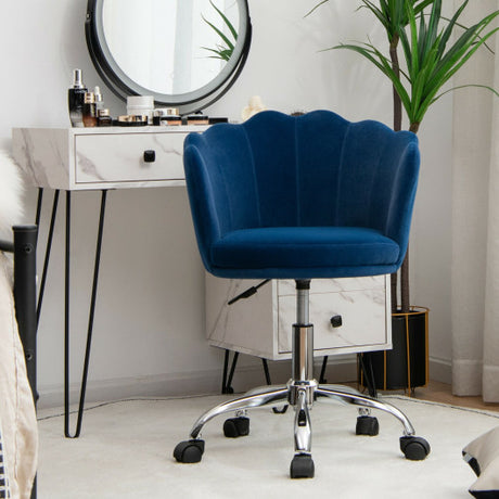 Upholstered Velvet Kids Desk Chair with Wheels and Seashell Back-Blue