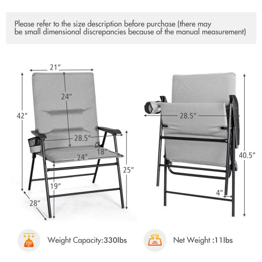 2 Pieces Patio Padded Folding Portable Chair Camping Dining Outdoor-Gray