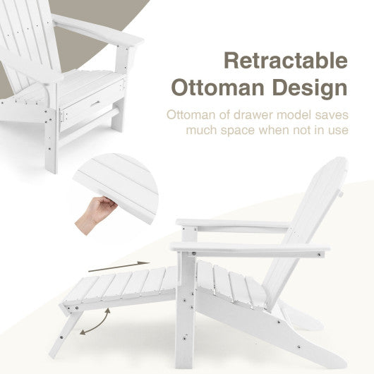 Patio HDPE Adirondack Chair with Retractable Ottoman-White