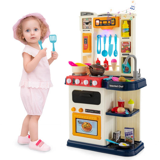64 Pieces Realistic Kitchen Playset for Boys and Girls with Sound and Lights-Blue