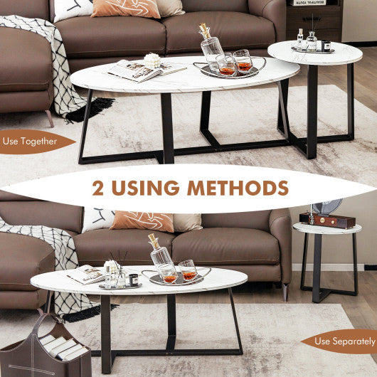 Set of 2 Modern Faux Marble Nesting Coffee Table Set with Oval and Round Table-White