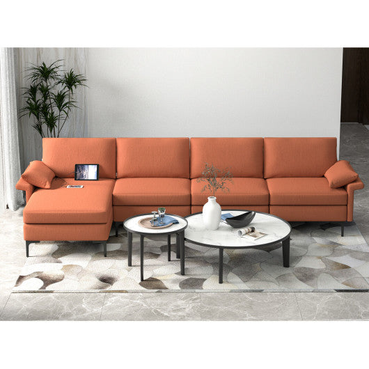 Extra Large L-shaped Sectional Sofa with Reversible Chaise and 2 USB Ports for 4-5 People-Rust Red