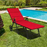 Folding Patio Rattan Lounge Chair with Wheels-Red