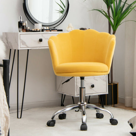 Upholstered Velvet Kids Desk Chair with Wheels and Seashell Back-Yellow