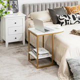 C-shaped Side Table with Faux Marble Tabletop and Golden Steel Frame-White