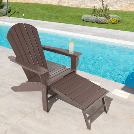 Patio HDPE Adirondack Chair with Retractable Ottoman-Brown