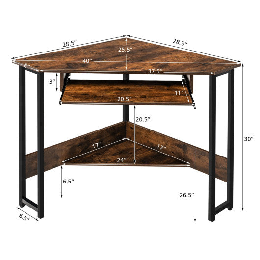 Triangle Corner Computer Desk with Keyboard Tray-Rustic Brown