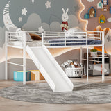 Twin Metal Loft Bed with Slide Safety Guardrails and Built-in Ladder-White