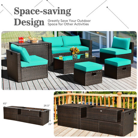 8 Pieces Patio Space-Saving Rattan Furniture Set with Storage Box and Waterproof Cover-Turquoise