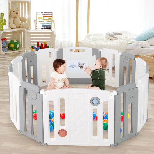 14 Panels Kids Safety Activity Play Center with Drawing Board-Gray