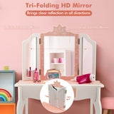 Princess Vanity Table and Chair Set with Tri-Folding Mirror and Snowflake Print-Pink