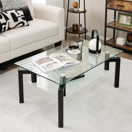 2-Tier Rectangular Glass Coffee Table with Metal Tube Legs-Black