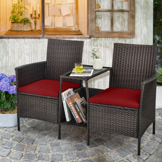 Patio Rattan Wicker Conversation Set Sofa Cushioned Loveseat Glass Table-Red