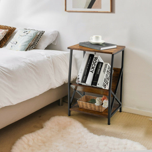 3-Tier Industrial Side Table with V-shaped Bookshelf for Living Room-Rustic Brown