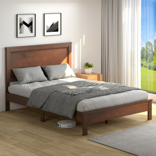 Queen Size Bed Frame Platform Slat High Headboard Bedroom with Rubber Wood Leg-Walnut