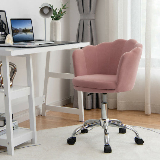 Upholstered Velvet Kids Desk Chair with Wheels and Seashell Back-Pink