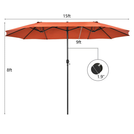 15 Feet Patio Double-Sided Umbrella with Hand-Crank System-Orange