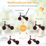 5-in-1 Multifunctional Kids Bike with Detachable Push Handle-Red