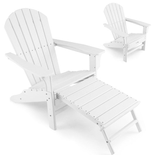 Patio HDPE Adirondack Chair with Retractable Ottoman-White