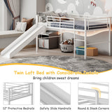 Twin Metal Loft Bed with Slide Safety Guardrails and Built-in Ladder-White