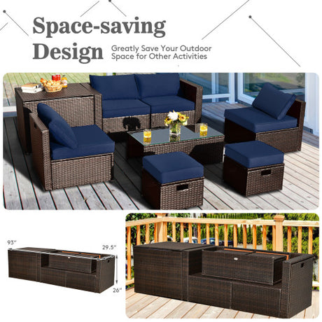 8 Pieces Patio Space-Saving Rattan Furniture Set with Storage Box and Waterproof Cover-Navy