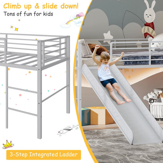 Twin Metal Loft Bed with Slide Safety Guardrails and Built-in Ladder-Silver