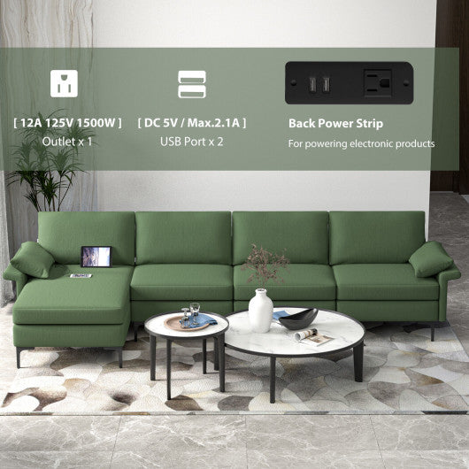 Extra Large L-shaped Sectional Sofa with Reversible Chaise and 2 USB Ports for 4-5 People-Army Green