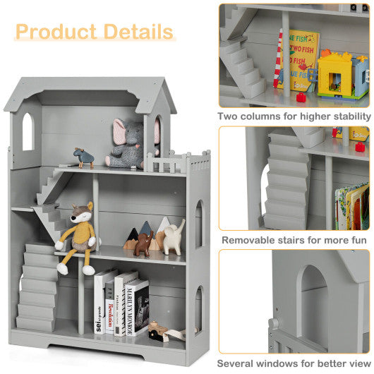 Kids Wooden Dollhouse Bookshelf with Anti-Tip Design and Storage Space-Gray