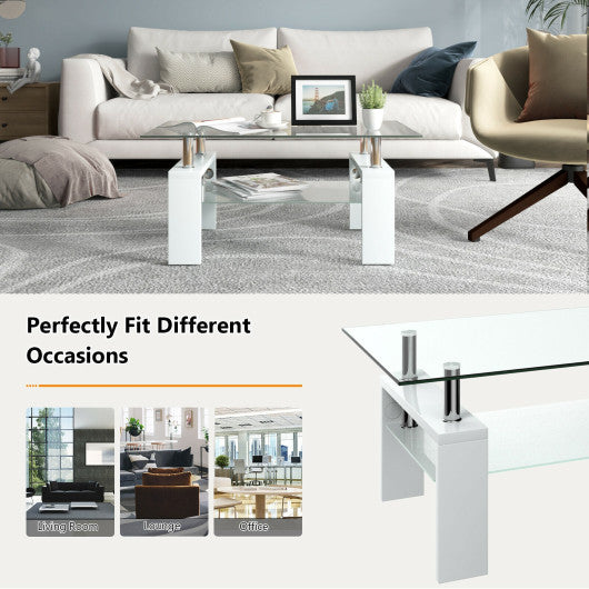 Rectangular Tempered Glass Coffee Table End Side Table with Shelf-White