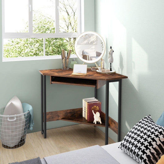 Triangle Corner Computer Desk with Keyboard Tray-Rustic Brown