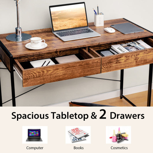 2-Drawer Home Office Desk with Steel Frame-Rustic Brown