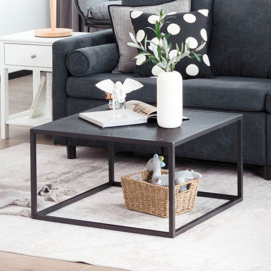 Modern Glass Square Coffee Table with Metal Frame for Living Room-Black