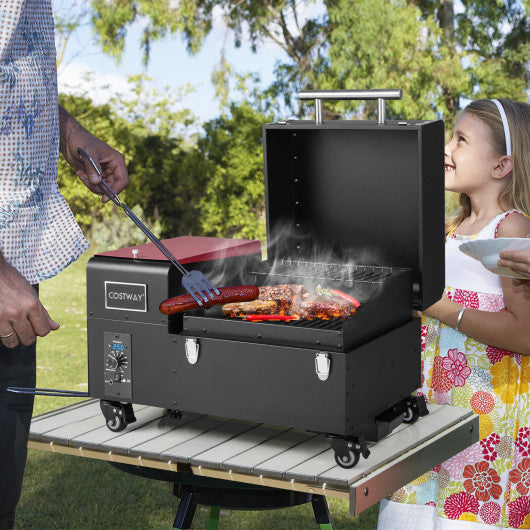 Movable Pellet Grill and Smoker with Temperature Probe-Black