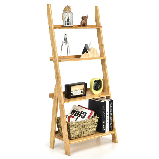4-Tier Bamboo Ladder Shelf Bookcase for Study Room-Natural