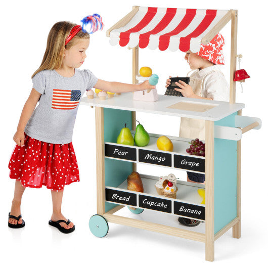 Kids Wooden Ice Cream Cart with Chalkboard and Storage