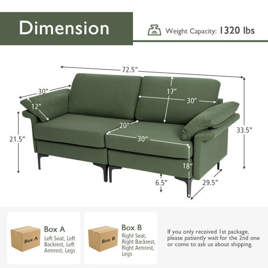 Modern Fabric Loveseat Sofa for with Metal Legs and Armrest Pillows-Army Green