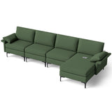 Extra Large L-shaped Sectional Sofa with Reversible Chaise and 2 USB Ports for 4-5 People-Army Green