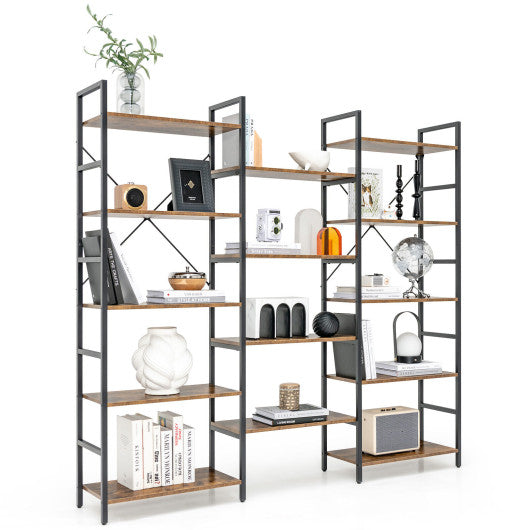 Large Triple Wide Floor Standing Bookcase Display Shelf with Metal Frame-Rustic Brown