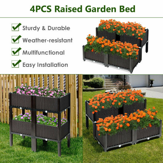 Set of 4 Elevated Flower Vegetable Herb Grow Planter Box-Brown