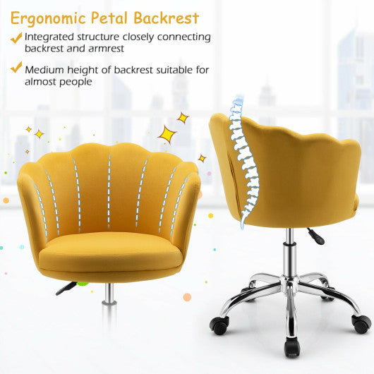 Upholstered Velvet Kids Desk Chair with Wheels and Seashell Back-Yellow