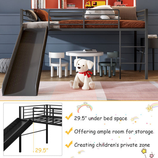 Twin Metal Loft Bed with Slide Safety Guardrails and Built-in Ladder-Black