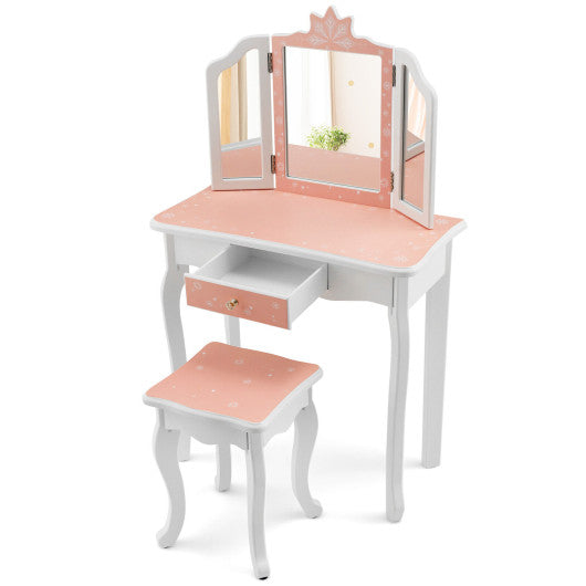 Princess Vanity Table and Chair Set with Tri-Folding Mirror and Snowflake Print-Pink