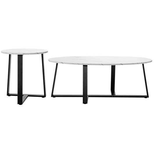 Set of 2 Modern Faux Marble Nesting Coffee Table Set with Oval and Round Table-White